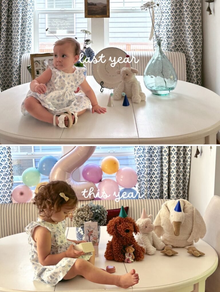Last year and this year birthday photo side by side at the same table