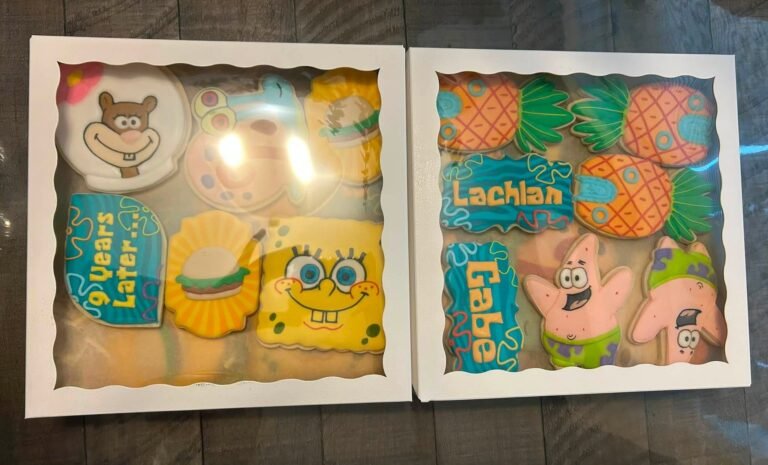 SpongeBob decorated sugar cookies with Sandy, Patrick, pineapple house and Krabby Patty designs