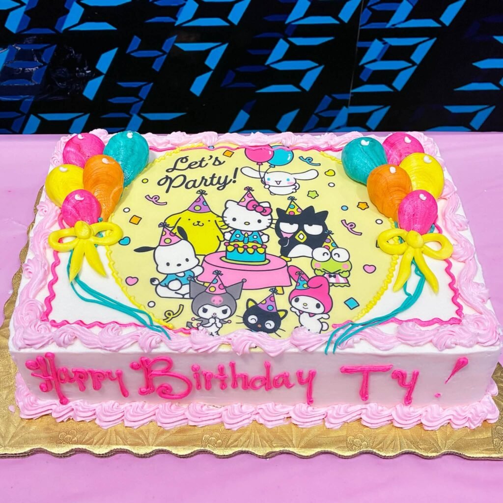 Hello Kitty and friends sheet cake with a printed Lets Party picture, candy balloons and pink piping