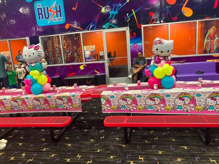 Party room with Hello Kitty tablecloths and Hello Kitty balloon centerpieces on each table
