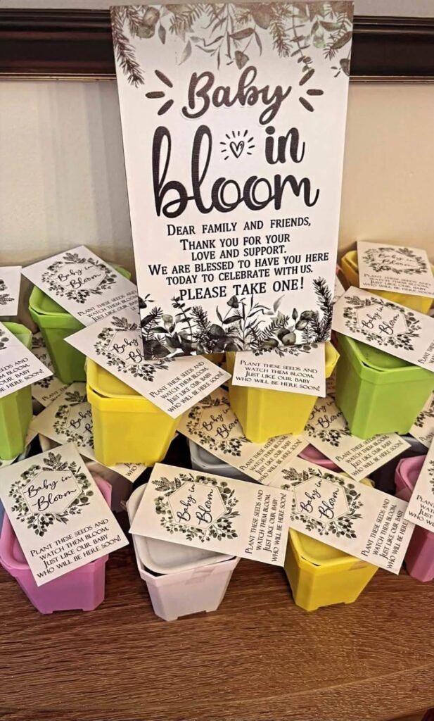 Flower pot party favors with Baby in Bloom thank you tags