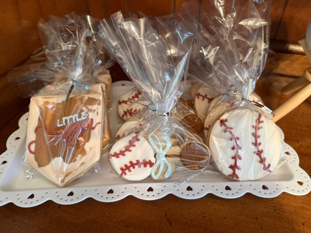 Little Slugger and baseball sugar cookies in clear favor bags