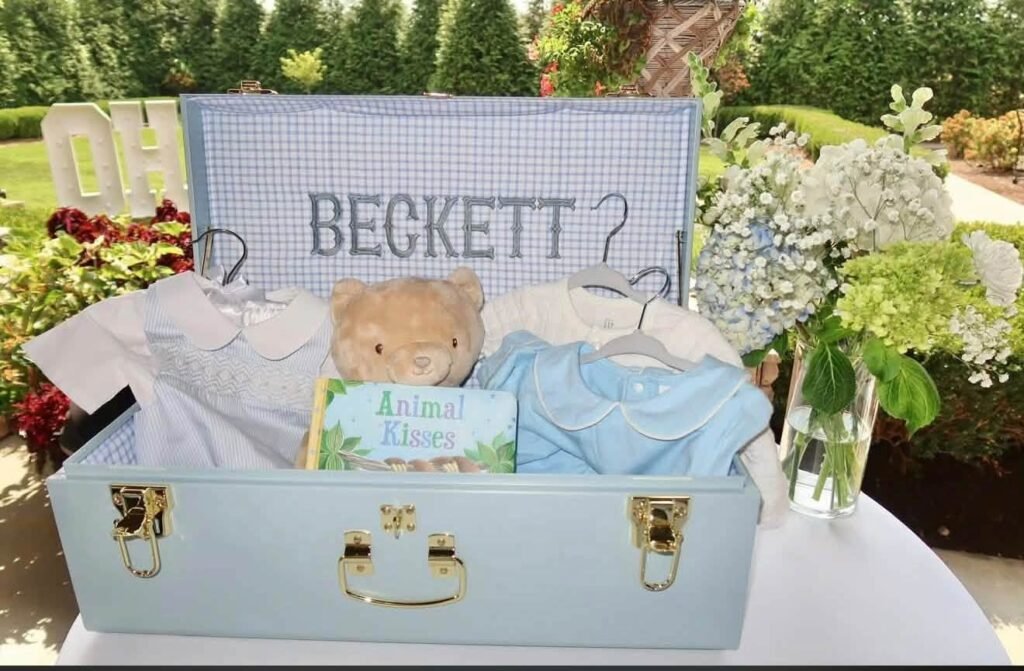 Vintage blue suitcase gift with the baby name Beckett and baby clothes