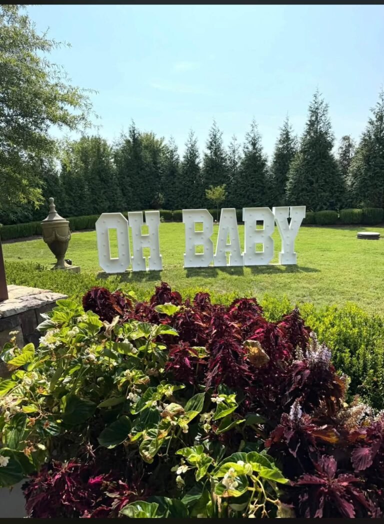 Oh Baby marquee letters on a green lawn for a boy baby shower