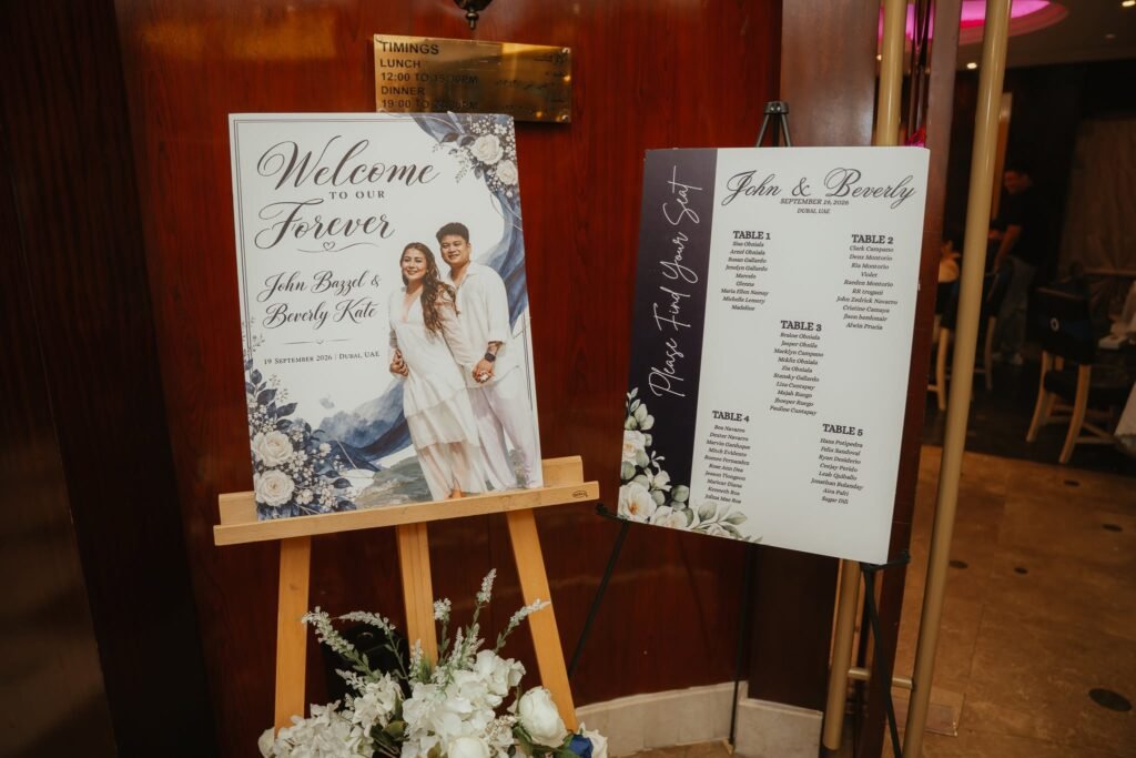 Welcome to our forever sign with a couple photo on an easel next to a seating chart