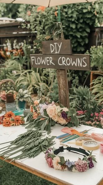 DIY flower crowns station with a wooden sign, fresh flowers, greenery and a finished flower crown