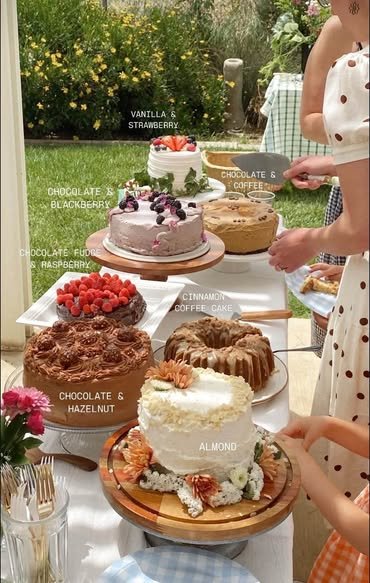Cake picnic table with several cakes on stands labeled vanilla strawberry, chocolate blackberry, chocolate hazelnut and almond