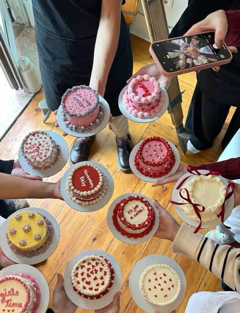 Guests holding up decorated mini cakes in pink, red and yellow at a cake picnic