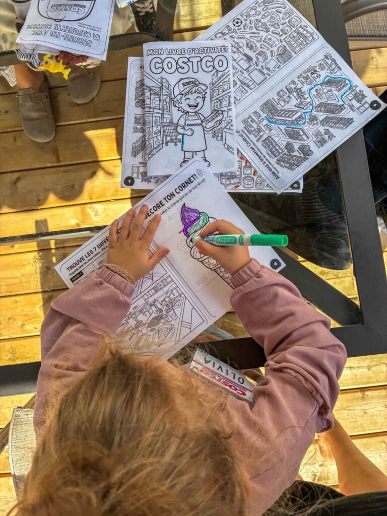 Kids coloring Costco themed coloring sheets at a birthday party