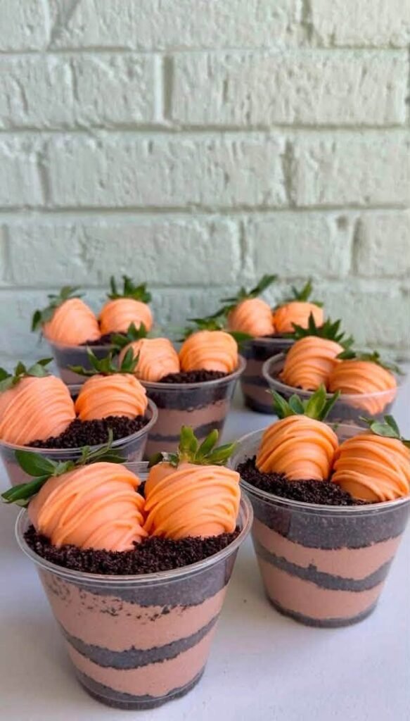 Carrot dirt cups with chocolate pudding, crushed cookie dirt and orange dipped strawberries as carrots