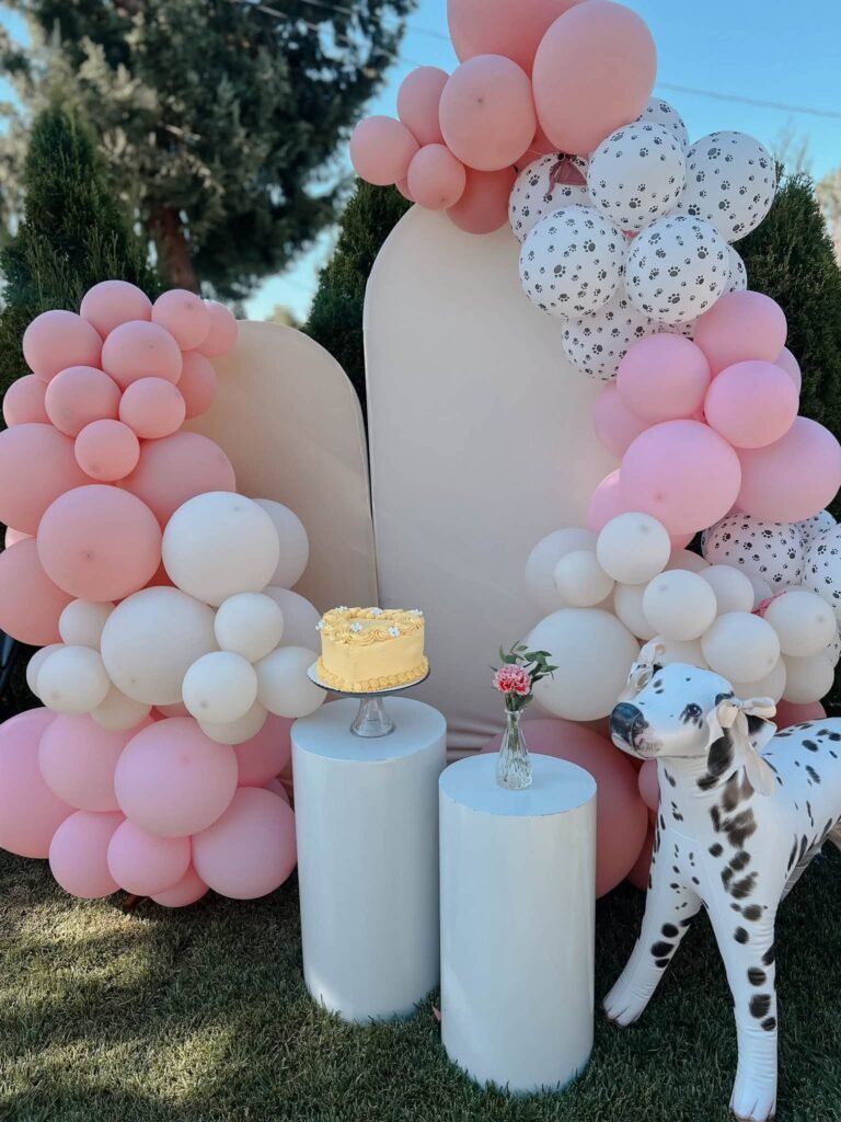 Pink and cream balloon backdrop with white plinths and a Dalmatian statue