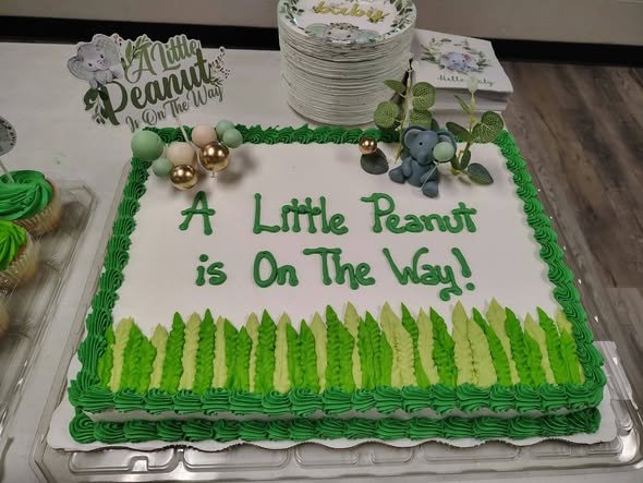 Little Peanut baby shower sheet cake with green grass piping and A Little Peanut Is on the Way written in green