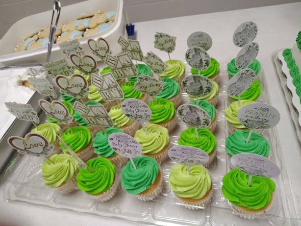Green cupcakes with light and dark green swirl frosting and elephant and Little Peanut toppers