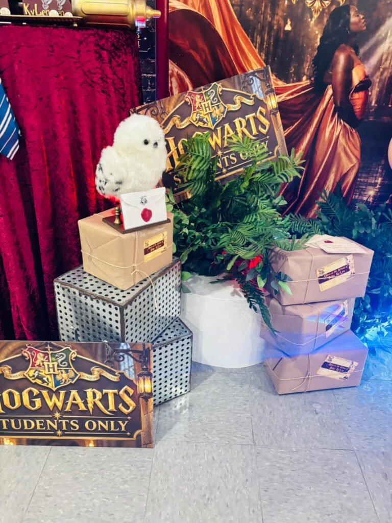 Harry Potter baby shower photo corner with Hogwarts Students Only signs, a snowy owl on brown paper parcels and metal crates