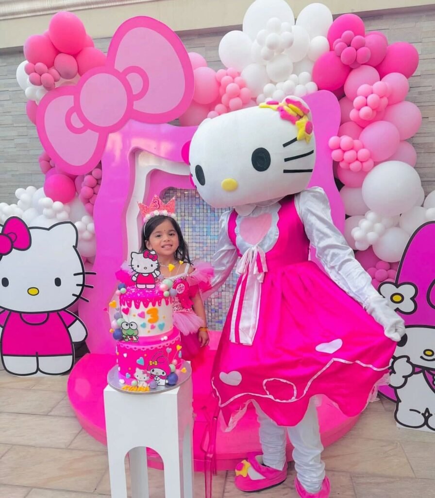 Hello Kitty character in a pink princess dress next to the birthday cake in front of the balloon backdrop