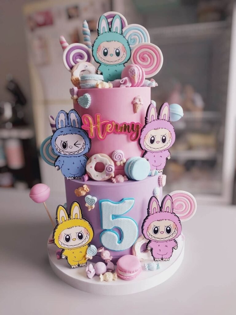 Tiered pastel Labubu birthday cake with Labubu toppers, lollipops and a number 5