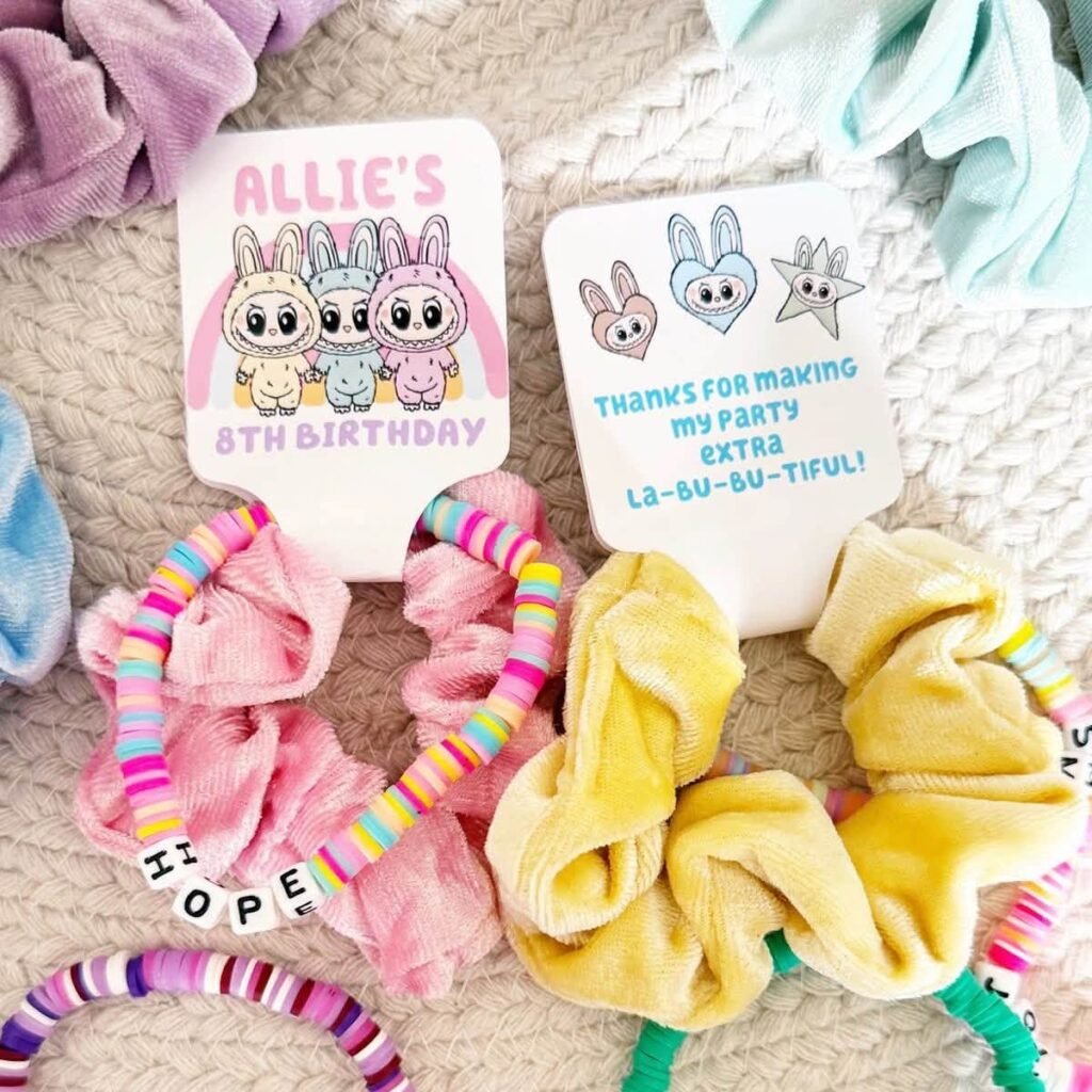 Labubu party favors with scrunchies and printed name tags