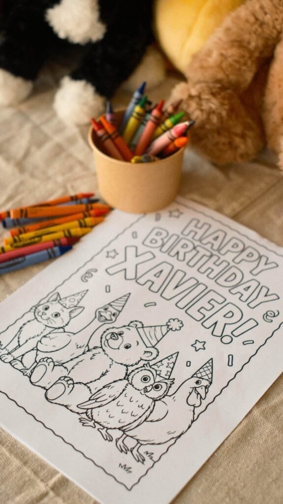 Personalized Happy Birthday coloring page with crayons in a cup
