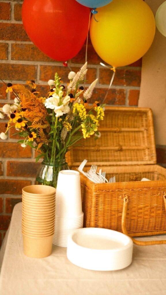 Wildflowers in a vase with red and yellow balloons and a picnic basket of plates