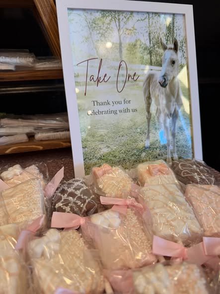 Take One thank you sign with a white pony next to rice krispie treats wrapped with pink bows