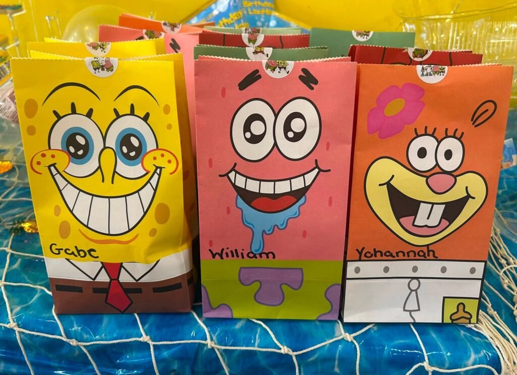 SpongeBob, Patrick and Sandy character favor bags with guest names