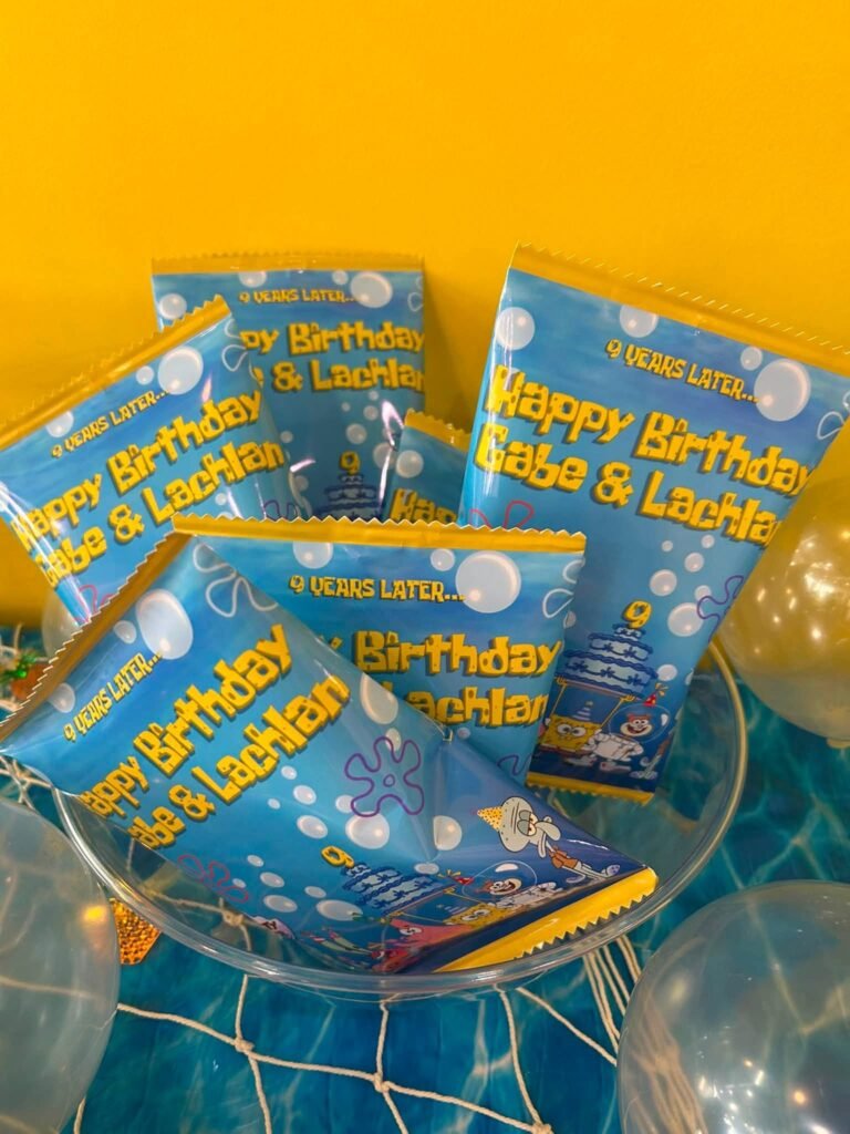 Custom SpongeBob chip bags with Happy Birthday labels used as party favors