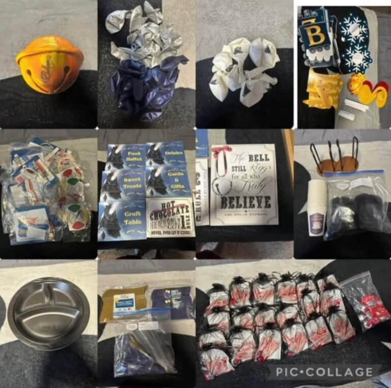 Polar Express party supplies with a silver bell, Believe sign, snowflakes, hot chocolate sign and favor bags