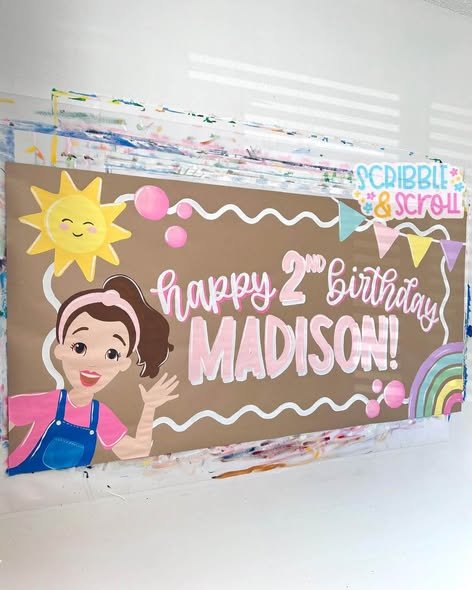 Painted Happy 2nd Birthday banner in the Scribble and Scroll style with a sunshine and Ms Rachel