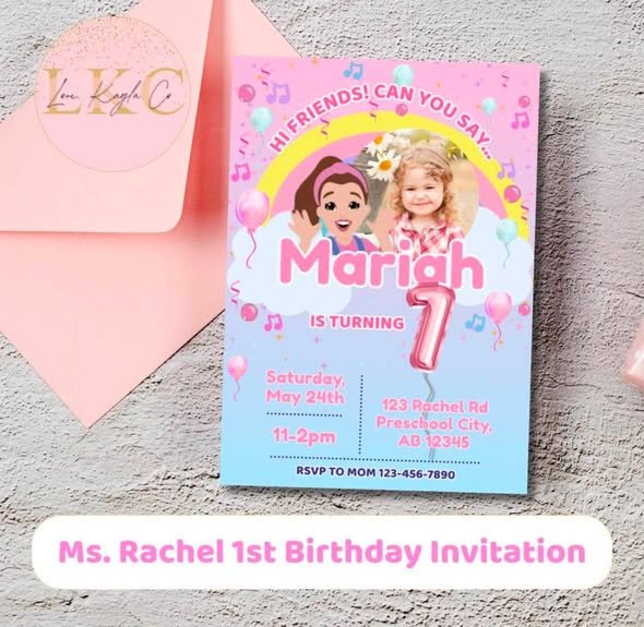 Ms Rachel 1st birthday invitation with a rainbow, music notes and a photo of the birthday girl