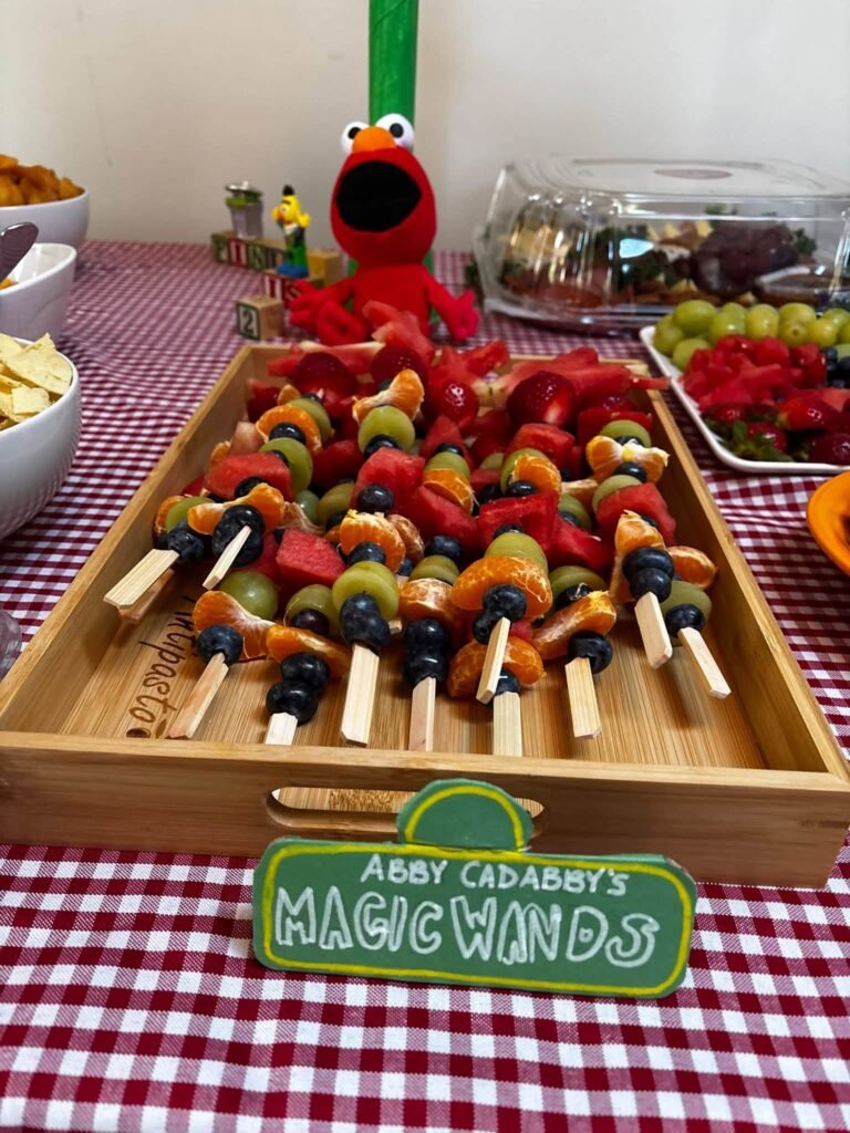 Abby Cadabby magic wands fruit skewers with a Sesame Street label