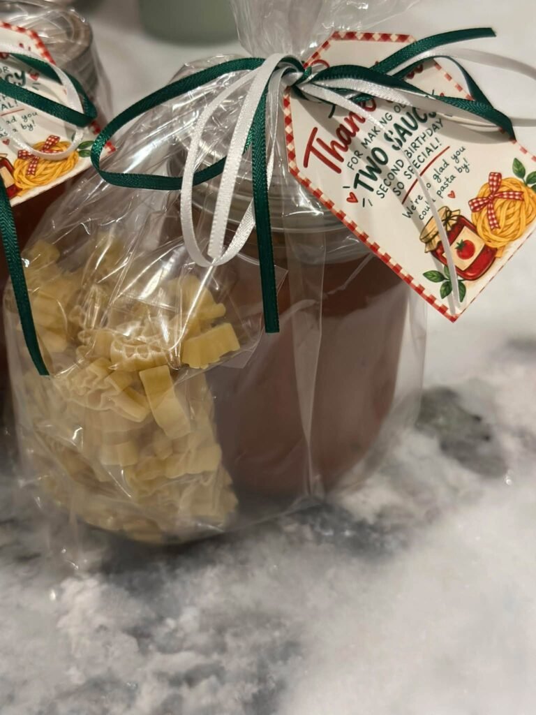 Pasta and sauce favor jar with a Two Saucy thank you tag