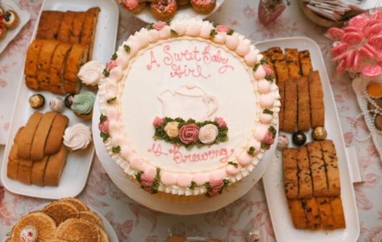 Sweet Baby Girl Is Brewing baby shower cake with pink roses and a piped teapot