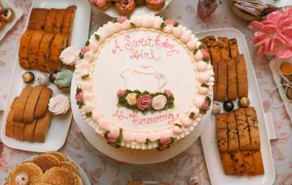Sweet Baby Girl Is Brewing baby shower cake with pink roses and a piped teapot