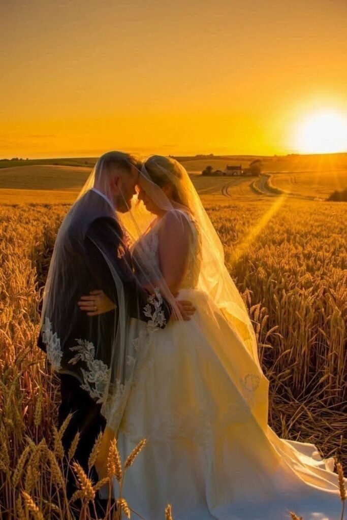 Bride and groom at sunset in a golden wheat field