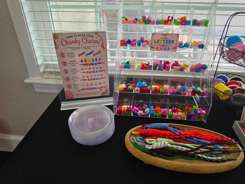 Charm station with a menu sign and candy charms