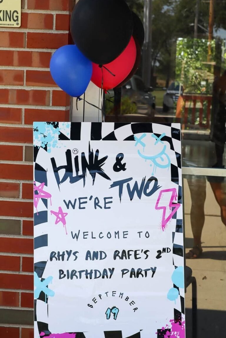 Blink and We are Two welcome sign for a twins 2nd birthday party with balloons