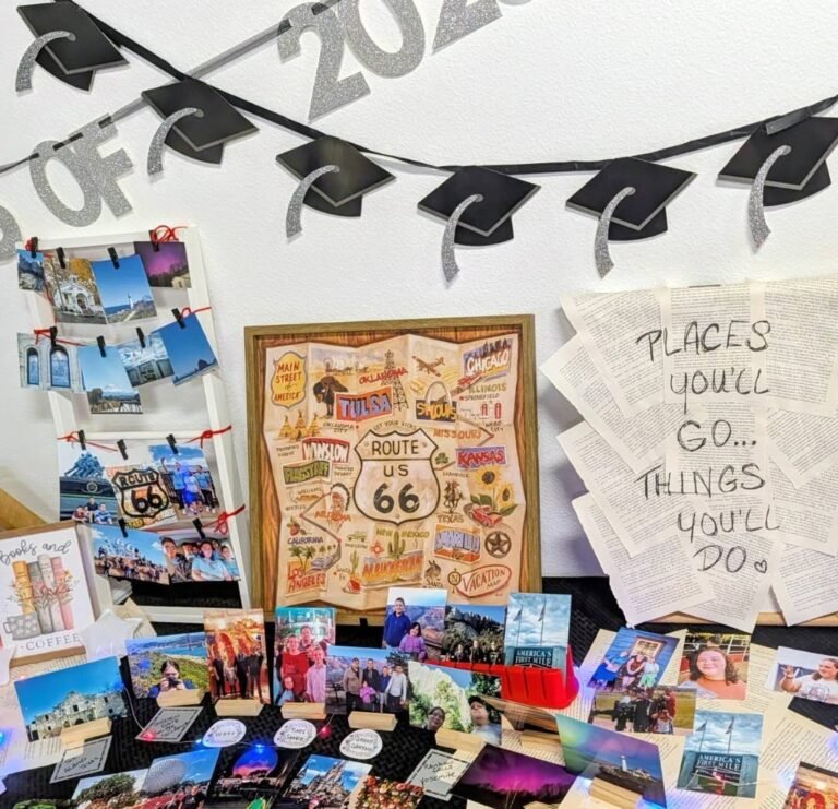 Travel photo board with a grad cap banner and Oh the Places You Will Go sign