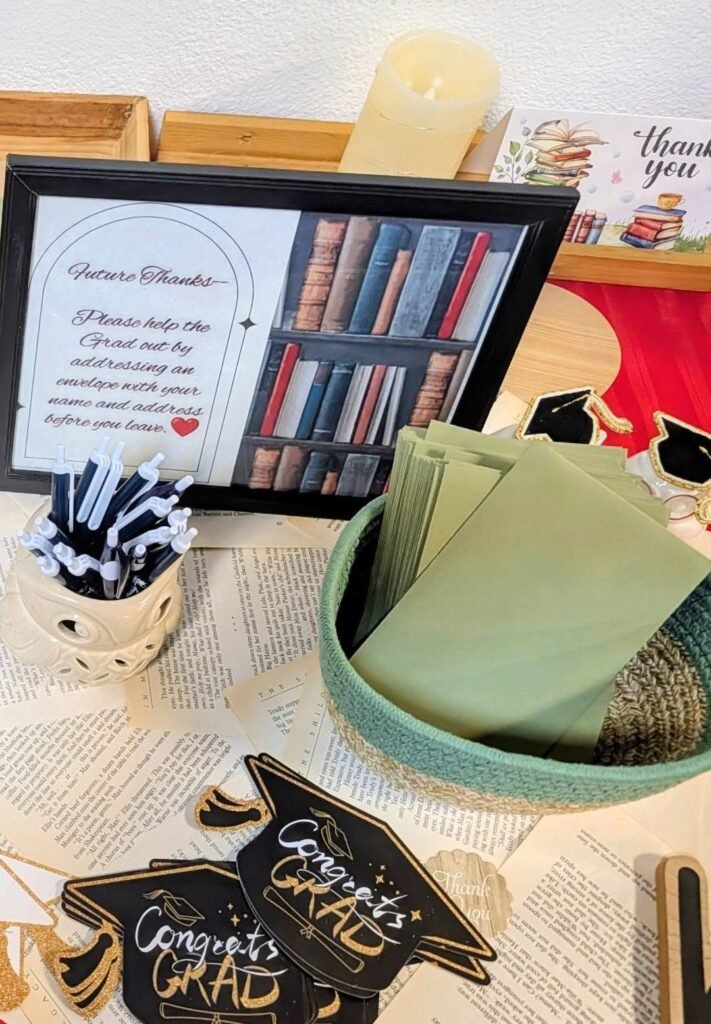 Graduation table with books, a frame and Congrats Grad napkins