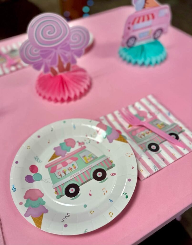 Ice cream truck plates and pastel napkins