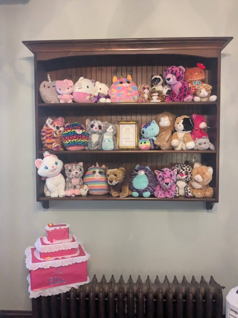 Wall shelf filled with plush cats and a small pink cake decor