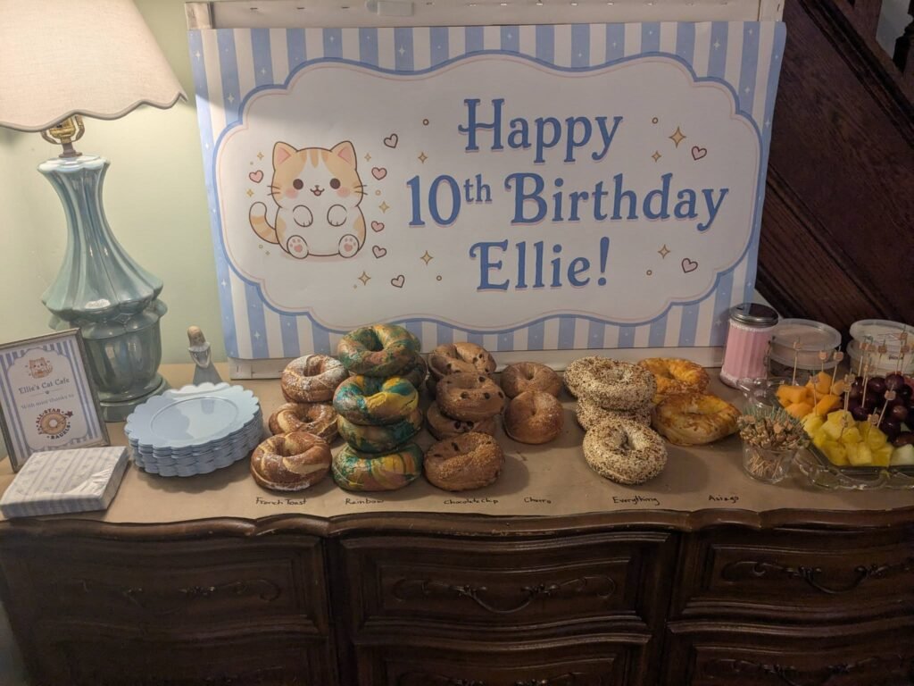 Bagel bar with a Happy 10th Birthday cat banner on a wooden dresser
