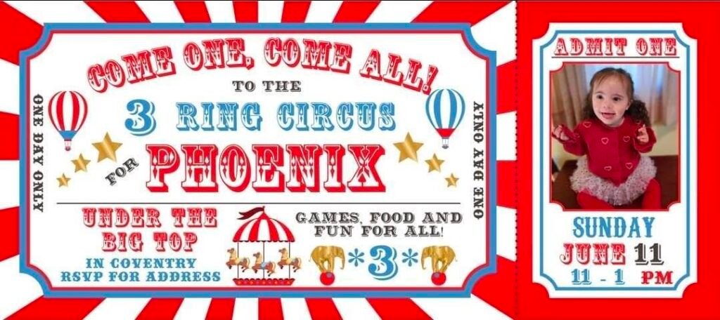 Circus ticket style birthday invitation in red and blue