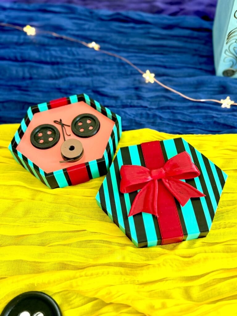 Button cookies in green and red on a yellow table