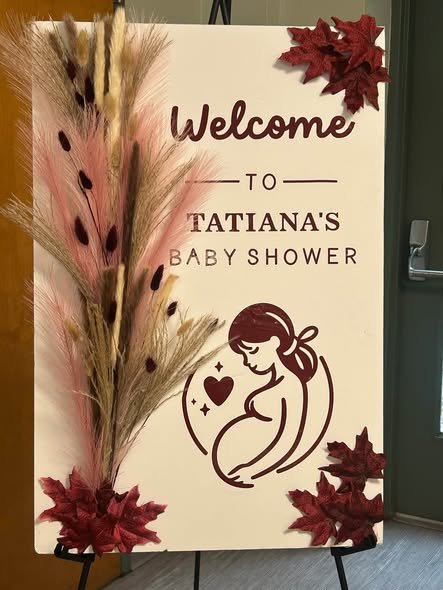 Baby shower welcome sign with pampas grass and burgundy flowers
