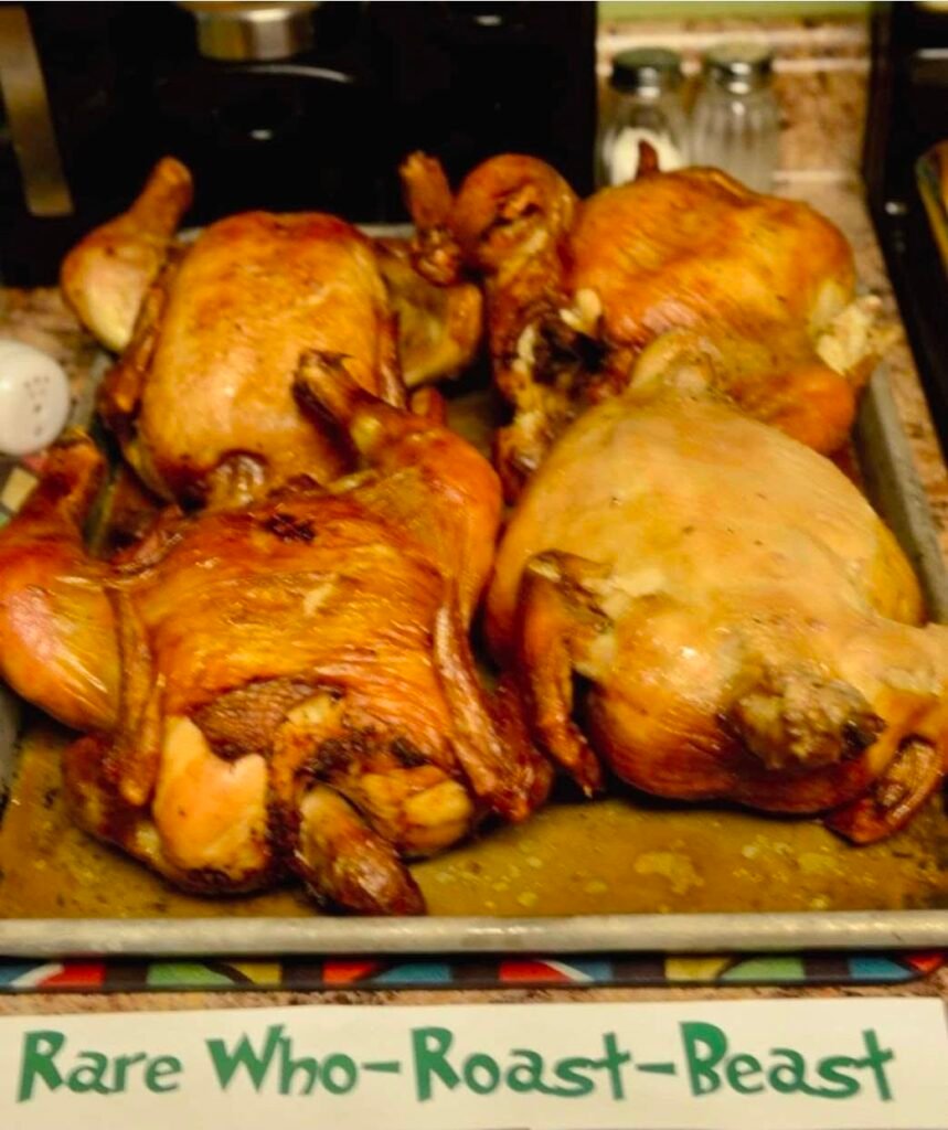 Roast chicken with a Rare Who Roast Beast food label