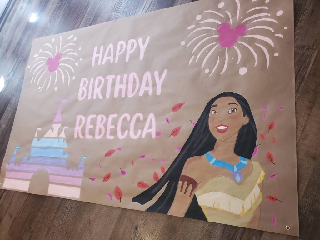 Hand painted Pocahontas Happy Birthday banner on kraft paper