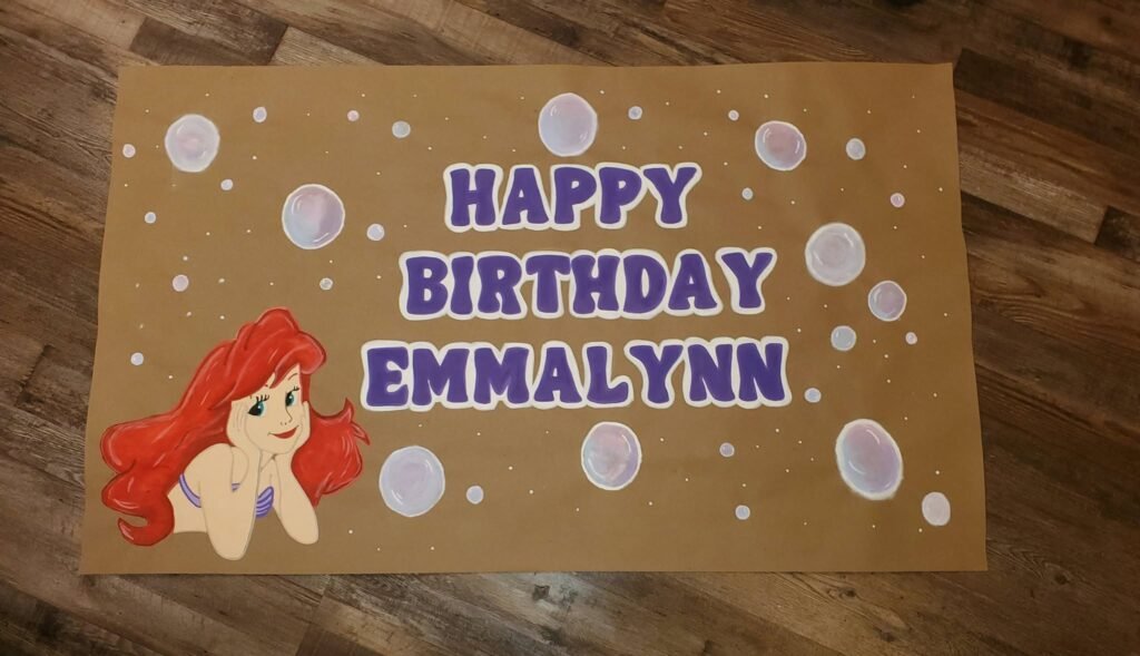 Hand painted Ariel Happy Birthday banner with bubbles