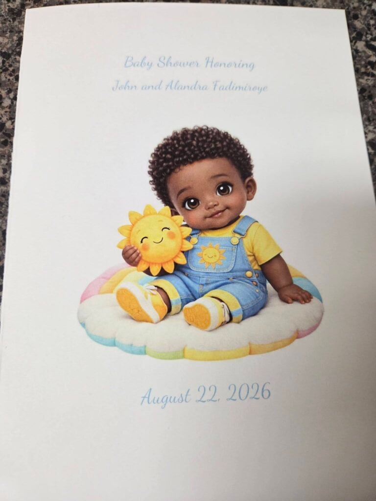 Baby shower program card with a baby sitting on a cloud with a sun