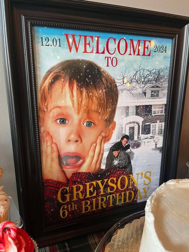 Framed Home Alone style welcome poster with the birthday boy