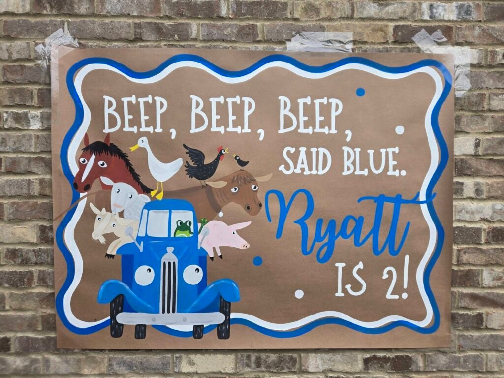 Beep Beep Beep said Blue birthday sign with a blue truck and farm animals
